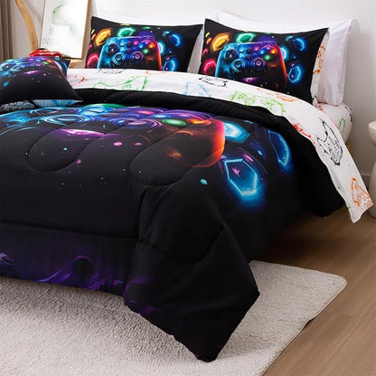 Aimuan Game Console Comforter Set for Boys Girls Kids Space Universe Gaming Geometric Lightweight Microfiber Gamer Bedding Sets (Black-Multi, Queen 6Pcs)