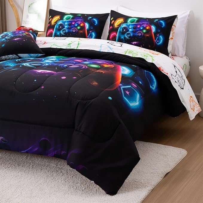 Aimuan Game Console Comforter Set for Boys Girls Kids Space Universe Gaming Geometric Lightweight Microfiber Gamer Bedding Sets (Black-Multi, Full 6Pcs)