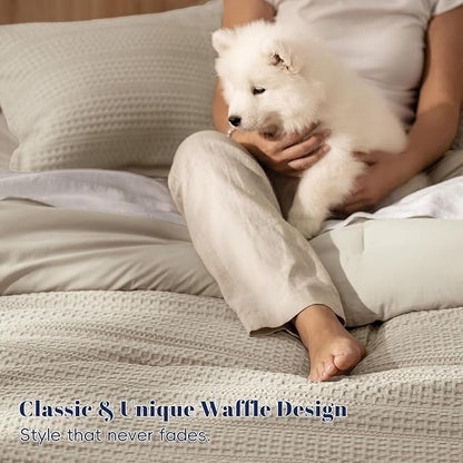 PHF Soft Waffle Comforter Set King Size- Comfy Breathable Waffle Weave Comforter with 2 Pillow Shams, 3 Pieces Less Snagging Lightweight Textured Bedding Set for All Season, Natural/Linen