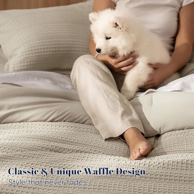 PHF Soft Waffle Comforter Set Queen Size- Comfy Breathable Waffle Weave Comforter with 2 Pillow Shams, 3 Pieces Less Snagging Lightweight Textured Bedding Set for All Season, Natural/Linen