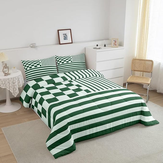 Green Plaid Comforter Set Fashion Buffalo Check Bedding Set Green Stripes Geometric Bedding Home Decor Modern Simple Style Comforter Queen Size Quilted Duvet Set 1 Comforter with 2 Pillowcase
