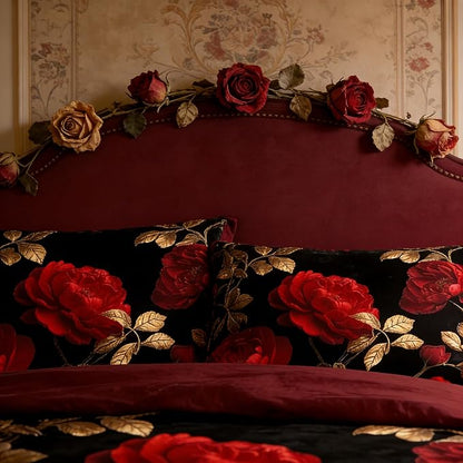 Vintage Floral Twin Size Bed in A Bag for Girls, 7Pcs Burgundy Comforter Set for Gothic Bedroom Decor, Black Floral Quilted Bedding with 2 Pillowcases, 68"x86"