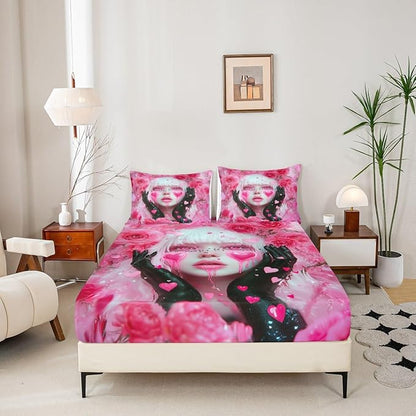 Erosebridal Pink Girl Bed Sheets Twin Size Romance Rose Flowers Toddler Bedding Sets for Girls Anime Fitted Sheet, Modern Fashion Lady Art Love Hearts Sheets with 1 Pillowcase