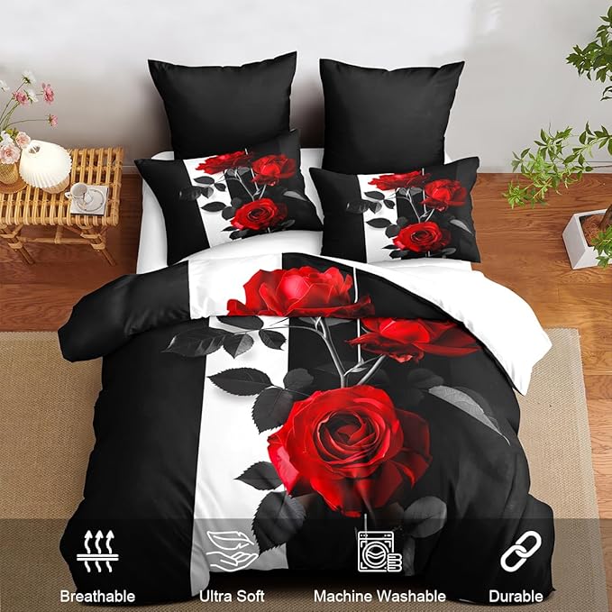 Rose Comforter Set King Black Red Bedding Set Striped Floral Bedding for Women Aesthetic Comforter with 2 Pillowcases, Ultra Soft Lightweight 3Pieces