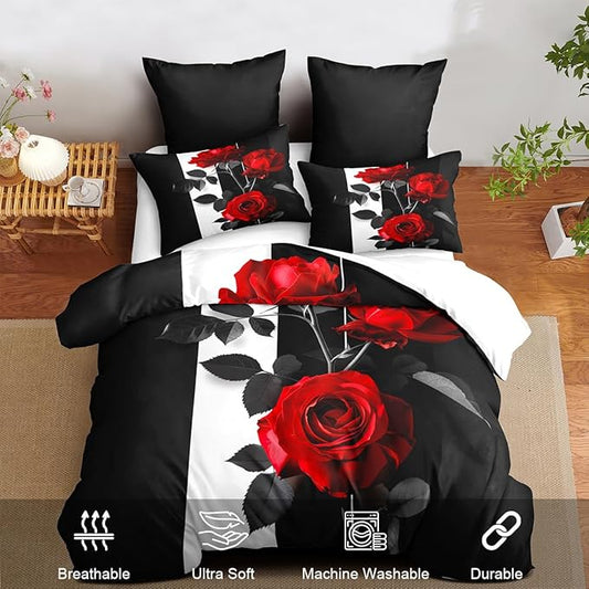Rose Comforter Set King Black Red Bedding Set Striped Floral Bedding for Women Aesthetic Comforter with 2 Pillowcases, Ultra Soft Lightweight 3Pieces