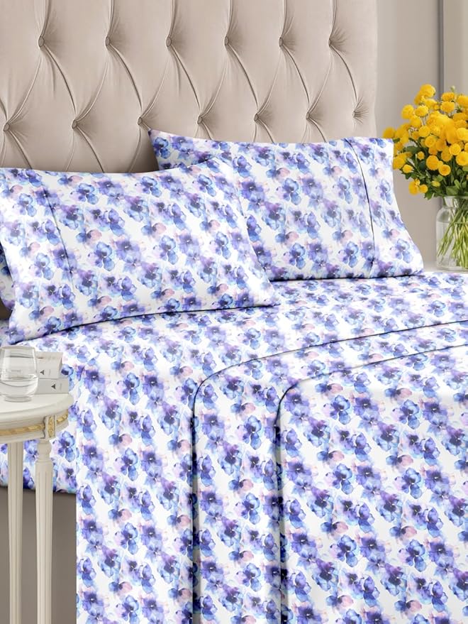 Floral Sheets - Flower Print Bed Sheet Set - 1 Flat, 1 Fitted & 2 Pillowcases w/ Deep Pockets - Comfy, Cozy, Wrinkle & Fade Free - Boho Botanical Bedding - Soft, Breathable & Cooling - Full Size Set