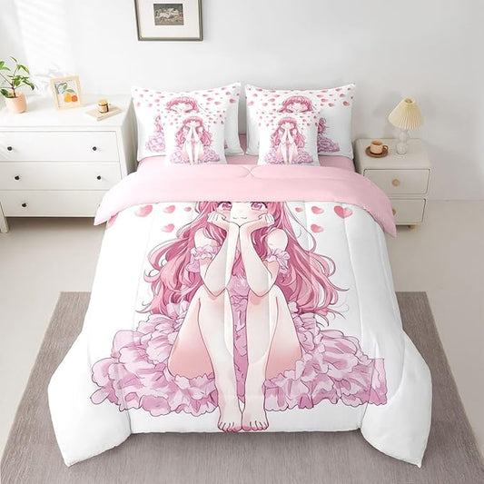 Erosebridal Pink Kawaii Bedding Set for Kids,Cute Anime Girl Bed in A Bag Japanese Style Girl Twin Comforter Set 7 Piece Girly Sheet Set with Comforter Bedroom Decor