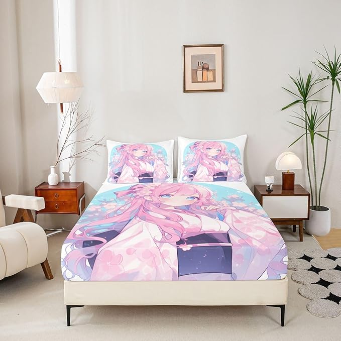 Erosebridal Girls Bedding Set Japanese Style Fitted Sheet Twin, 3D Anime Girl Bed Sheets Cartoon Kawaii Kimono Girl Sheets Romantic Gifts for Her, 1 Fitted Sheet 1 Pillowcase (No Top Sheet)