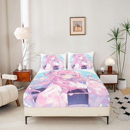 Erosebridal Girls Bedding Set Japanese Style Fitted Sheet Twin, 3D Anime Girl Bed Sheets Cartoon Kawaii Kimono Girl Sheets Romantic Gifts for Her, 1 Fitted Sheet 1 Pillowcase (No Top Sheet)