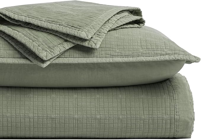 EVERGRACEHOME Stonewashed Cotton Quilt Set Full Queen Size, Ultra Soft Oversized Bedspread Coverlet Set, Lightweight Crinkle Box Stitch Bedding Sets for All Season, with 2 Shams, Olive Green