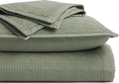 EVERGRACEHOME Stonewashed Cotton Quilt Set King Size, Ultra Soft Oversized Bedspread Coverlet Set, Lightweight Crinkle Box Stitch Bedding Sets for All Season, with 2 Shams, Olive Green