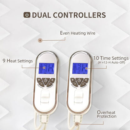 Bwarm Premium Multi-Zone Electric Heated Mattress Pad Queen Size, 60" x 80", Dual Controllers, 9 Heat Settings, 1-12 Hours Auto Off, Individual Body and Feet Settings, Machine Washable