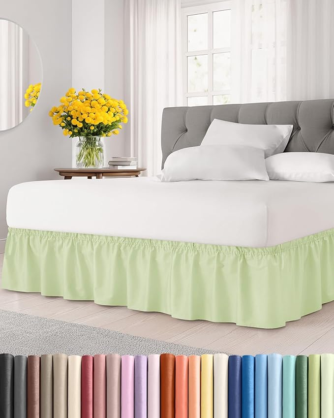 Wrap Around Dust Ruffle Bed Skirt - Light Sage - for King Size Beds w/ 15 Inch Drop - Easy Fit Elastic Strap - Adjustable Pleated Bedskirt w/Brushed Fabric - Wrinkle Free, Women, Men, Kids & Teens