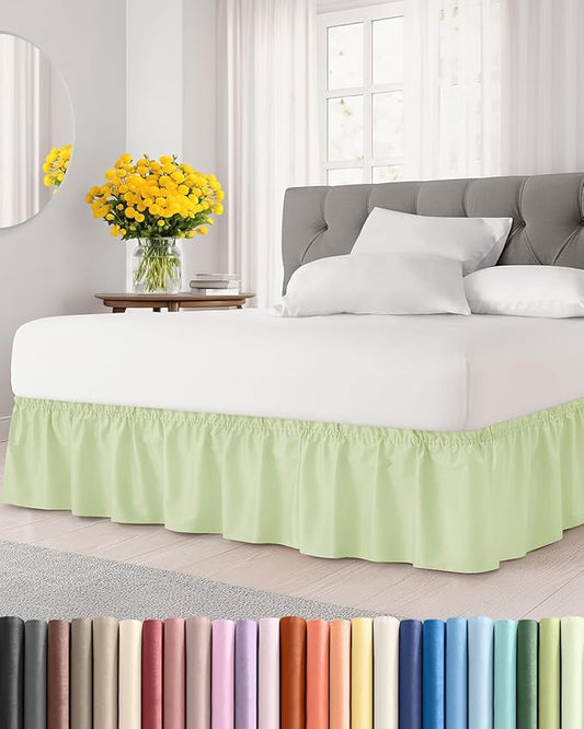 Wrap Around Dust Ruffle Bed Skirt - Light Sage - for King Size Beds w/ 15 Inch Drop - Easy Fit Elastic Strap - Adjustable Pleated Bedskirt w/Brushed Fabric - Wrinkle Free, Women, Men, Kids & Teens