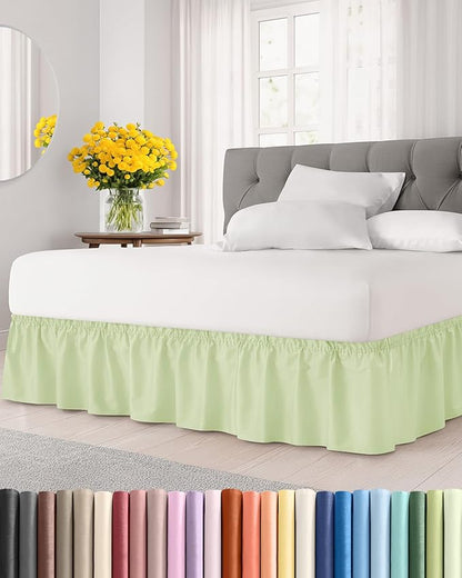 Wrap Around Dust Ruffle Bed Skirt - Light Sage - for Full Size Beds w/ 12 Inch Drop - Easy Fit Elastic Strap - Adjustable Pleated Bedskirt w/Brushed Fabric - Wrinkle Free, Women, Men, Kids & Teens