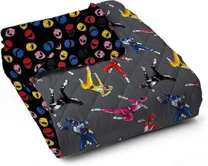 Power Rangers and Helmets Quilted Throw Blanket, Classic Mighty Morphin Helmet Icons, Comfy Throw, Adults Boys Girls, Soft Lightweight Bedding for Bed, or Couch, 60 x 80 Inches