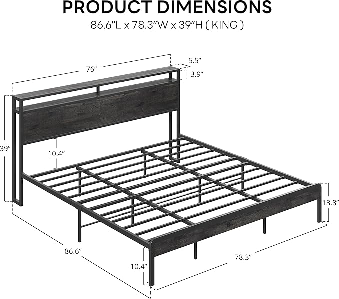 LIKIMIO King Bed Frame with Headboard, Dark Wood Camas King with Strong Supports, Sturdy, Noise-Free, No Box Spring Needed, Charcoal Grey