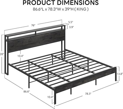 LIKIMIO King Bed Frame with Headboard, Dark Wood Camas King with Strong Supports, Sturdy, Noise-Free, No Box Spring Needed, Charcoal Grey