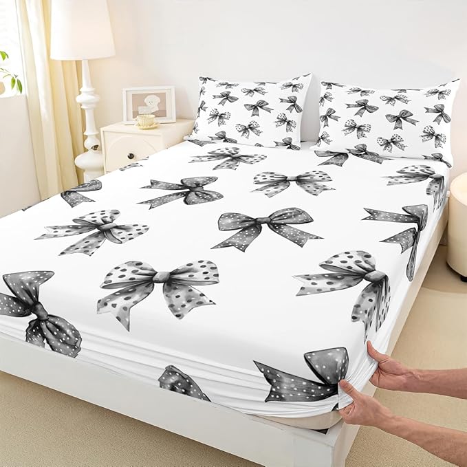 Erosebridal Bow Sheets for Boys Girls Ribbon Black Bow Fitted Sheet,Coquette Bowknot with Dots Kids Bedding Sets Dreamy Princess Bowtie Bed Sets Twin 2 Piece
