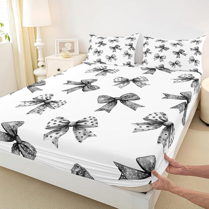 Erosebridal Bow Sheets for Boys Girls Ribbon Black Bow Fitted Sheet,Coquette Bowknot with Dots Kids Bedding Sets Dreamy Princess Bowtie Bed Sets Twin 2 Piece