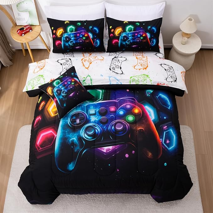 Aimuan Game Console Comforter Set for Boys Girls Kids Space Universe Gaming Geometric Lightweight Microfiber Gamer Bedding Sets (Black-Multi, Queen 6Pcs)
