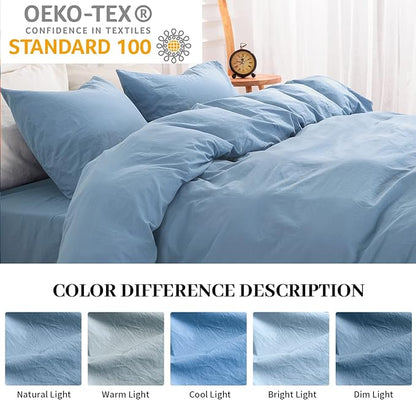 NEXHOME PRO Duvet Cover Set 100% Washed Cotton Full Size Linen Feel Textured Organic Natural 3 Pieces Bedding Set Royal Navy Klein Blue with Zipper Closure and Corner Ties, Breathable