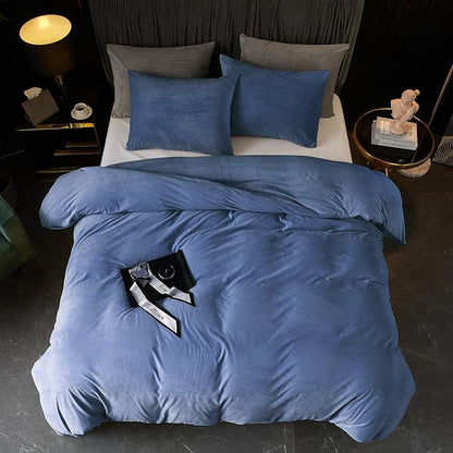 Ivellow Velvet Duvet Cover King Set Blue Comforter Cover 3Pcs Ultra Soft Cover Breathable Solid Luxury Flannel Velour Duvet Cover Zipper Closure Corner Tie
