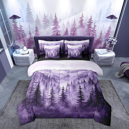 Erosebridal Purple Forest 7 Piece Comforter Set Full,Rustic Woodland Pine Tree Bedding Set with Sheets,Jungle Smoky Mountain Bed in A Bag for Adults Women Men Retro Natural Landscape Bed Set
