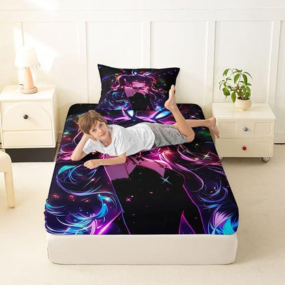 Erosebridal Cute Bunny Girls Twin Bed Sheets Japanese Anime Girl Fitted Sheet,Cartoon 3D Kids Bedding Sets Magical Neon Stars Sheets with 1 Pillowcase