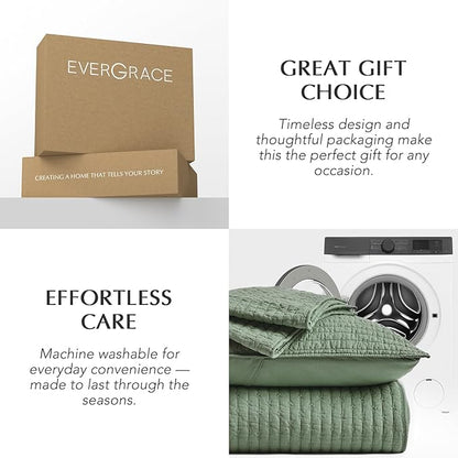 EVERGRACE Cross Stitch Pre-Washed Cotton Quilt Bedding Set King Size, Oversized 3 Pieces Lightweight Bedspread Coverlet for All Season, with 2 Matching Shams, Olive Green,108"x96"