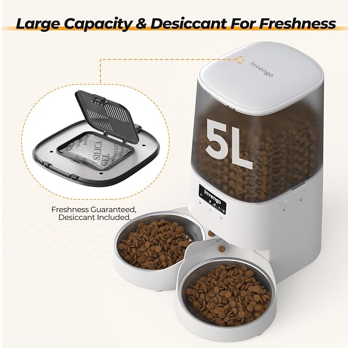 Automatic Cat Feeder with App Control, 5L Food Dispenser for 2 Cats, 2.4/5G WiFi, Dual Power, Programmable Portions, Anti-Jam & Fresh-Lock, Stainless Steel Bowls, Easy to Clean