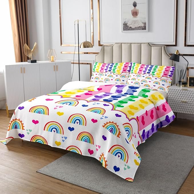 Manfei Cute Rainbow Kids Bedspread King Size,Watercolor Love Heart Dreamy Coverlet Set,Girls Women Room Decor,Colorful Geometric Stripes Patchwork Quilted Coverlet,Chic Bedding Quilt,2 Pillowcases