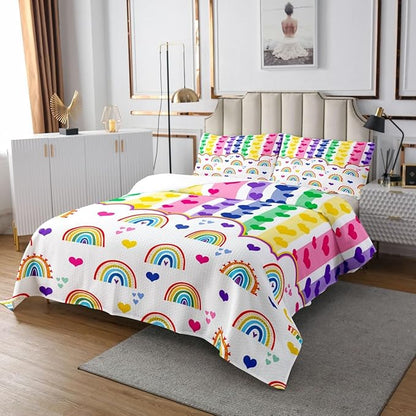 Manfei Cute Rainbow Kids Bedspread King Size,Watercolor Love Heart Dreamy Coverlet Set,Girls Women Room Decor,Colorful Geometric Stripes Patchwork Quilted Coverlet,Chic Bedding Quilt,2 Pillowcases