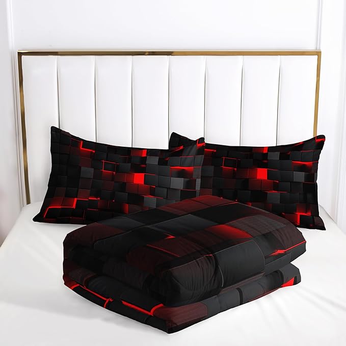 red and Black Queen Size Comforter Set,red and Black Room Decor for Bedroom for Women,Queen Quilt Bedding Set Geometry