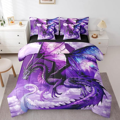Erosebridal 3D Dragon Comforter Set 7 Piece Bed in a Bag Twin,Fantasy Dragon Wings Vintage Gothic Bedding Sets Prehistoric Wildlife Sheet Set with Comforter
