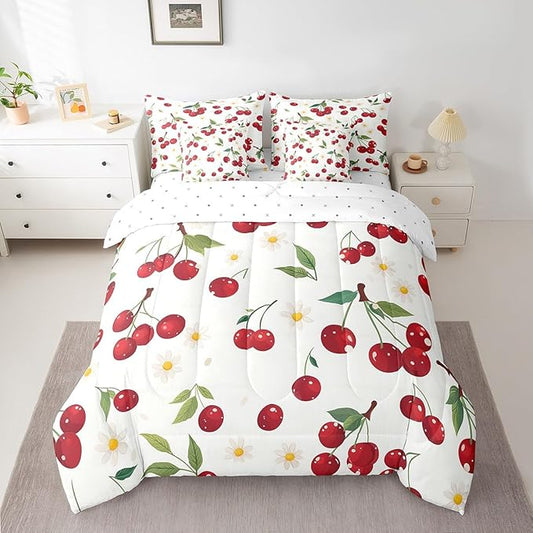 Cherry Twin Comforter Set with Sheets Bed in a Bag 7 Pcs,Red Cherry Fruits Rustic Style Bed Set,Watercolor Daisy Flowers Bedding Sets with Comforter,Flat,Fitted Sheet,Pillowcases,Pillow Covers
