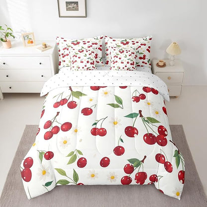 Cherry King Comforter Set with Sheets Bed in a Bag 7 Pcs,Red Cherry Fruits Rustic Style Bed Set,Watercolor Daisy Flowers Bedding Sets with Comforter,Flat,Fitted Sheet,Pillowcases,Pillow Covers