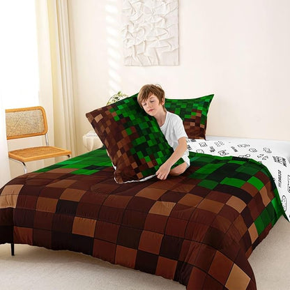 Pixelated Comforter Set Full Size,Patchwork Grid Video Games Kids Bedding Set,Miners Lattice Simple Quilt Comforter,Dark Green Brown Duvet Insert,2 Pillowcases
