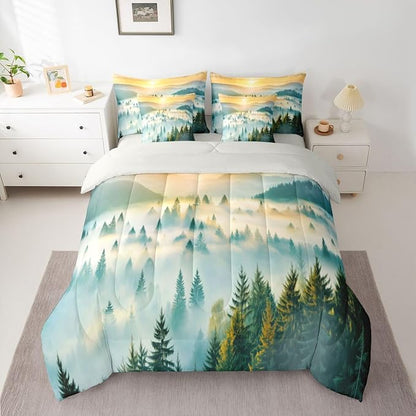Erosebridal Smoky Mountain Queen Comforter Set with Sheets 7 Piece Gold Sun Sunrise Bed in A Bag Woodland Pine Tree Bedding Sets for Kids Adults,Natrue Bed Set