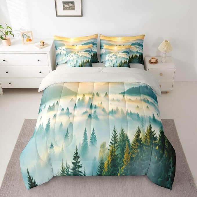 Erosebridal Smoky Mountain King Comforter Set with Sheets 7 Piece Gold Sun Sunrise Bed in A Bag Woodland Pine Tree Bedding Sets for Kids Adults,Natrue Bed Set