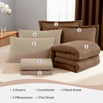 Geniospin Brown Full Comforter Set - 7 Pieces Comforter Full Size, Solid Bedding Set for All Season, Textured Bed in a Bag with Sheets