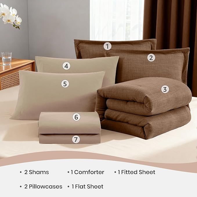 Geniospin King Size Comforter Set - 7 Pieces Brown Comforter King Size, Soft Solid Bedding Set for All Season, Textured Bed in a Bag with Sheets, Pillowcases & Shams