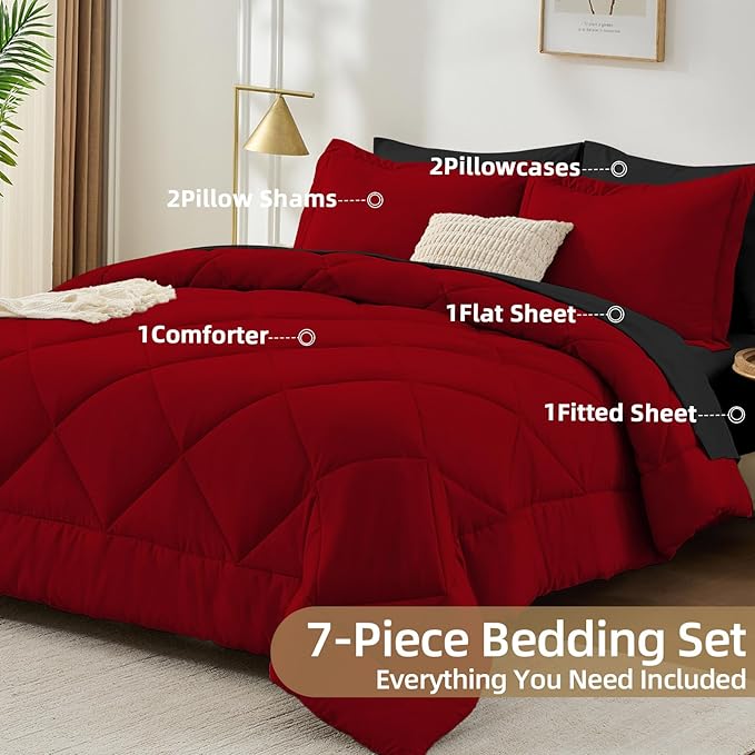 FUANNA 7 Pieces California King Size Comforter Set, All Season Bed in a Bag Cal King Size, Luxury Soft Bedding Sets with Comforter, Flat Sheet, Fitted Sheet, Pillowcases & Pillow Shams, Red & Black