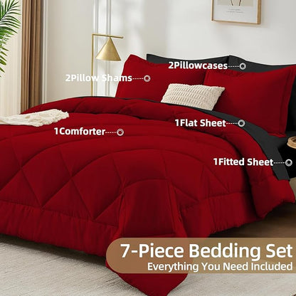 FUANNA 7 Pieces California King Size Comforter Set, All Season Bed in a Bag Cal King Size, Luxury Soft Bedding Sets with Comforter, Flat Sheet, Fitted Sheet, Pillowcases & Pillow Shams, Red & Black