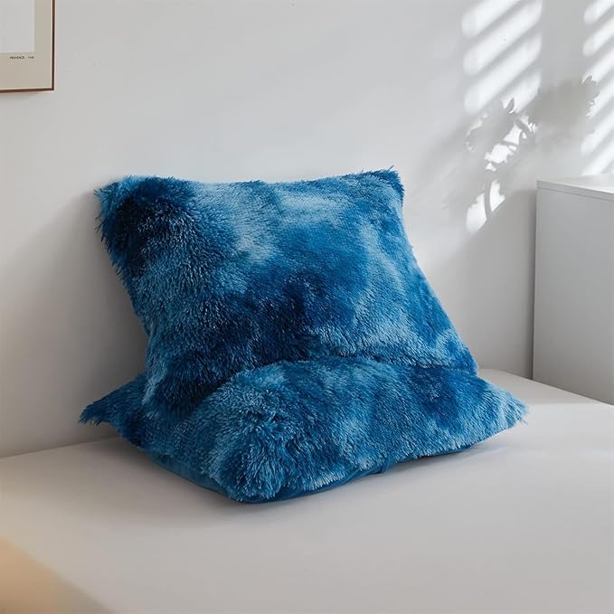 Wajade Faux Fur Plush White Comforter Set Fluffy Fuzzy Shaggy Bedding Set - 3PC Full/Queen Microfiber Soft Warm Quilt Set (Tie Dye Blue White, King)