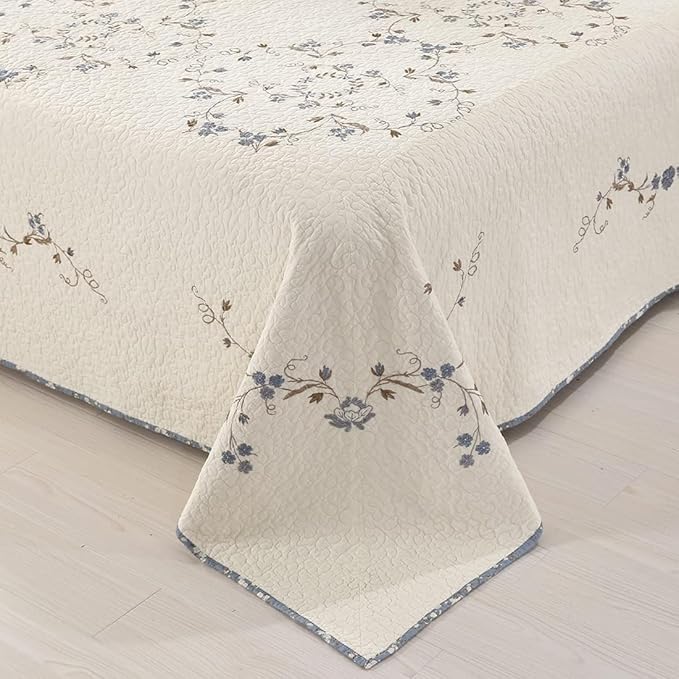 vctops 3-Piece 100% Cotton Bedspread Coverlet Set Twin Size Elegant Floral Embroidered Reversible Patchwork 1 Quilt and 2 Pillow Shams (Flower B,Twin)