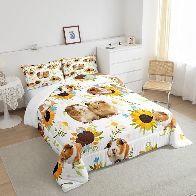 Castle Fairy Guinea Pig Comforter Set Twin Size,Sunflower Floral Leaves Botanical Bedding Set 2Pcs for Kids Girls Boys Adult Room Decor,Cute Pet Animals Quilt Set White Soft Duvet Insert,1 Pillowcase