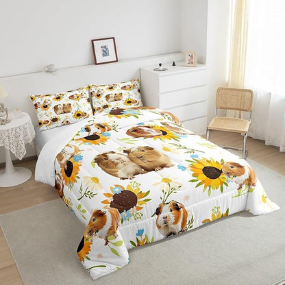 Castle Fairy Guinea Pig Comforter Set Twin Size,Sunflower Floral Leaves Botanical Bedding Set 2Pcs for Kids Girls Boys Adult Room Decor,Cute Pet Animals Quilt Set White Soft Duvet Insert,1 Pillowcase
