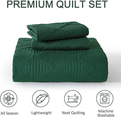 Yiran Quilts King Size, Emerald Green Spring Summer Bedspread Bedding Set, 3 Pieces Diamond Pattern Thin Lightweight Coverlet with 2 Pillow Shams for All Season 106x96 Inch