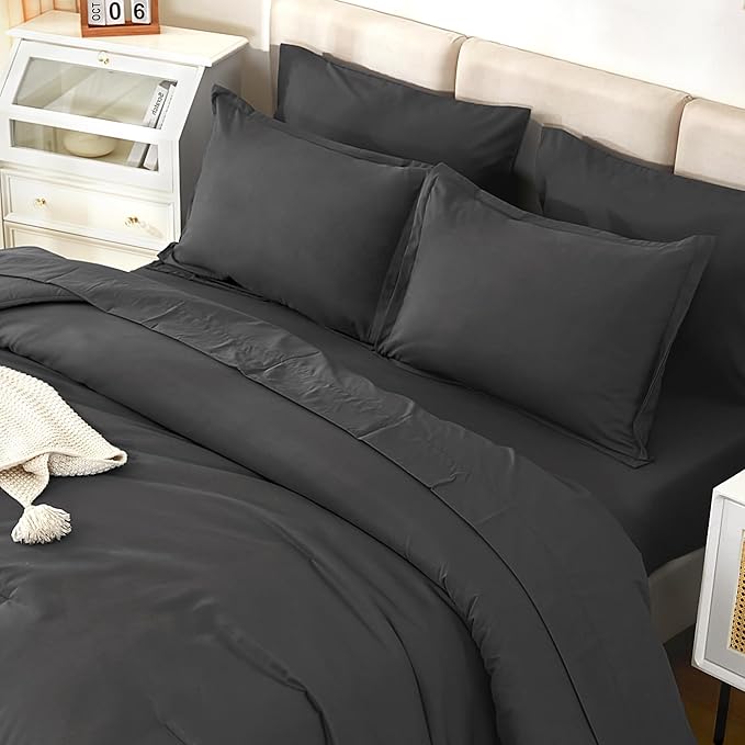 Litanika Comforter Queen Size Set Dark Grey - 7 Pieces Bed in a Bag Queen Bedding Comforter Sets, Plain Lightweight Bed Set with Comforter, Sheets, Pillowcases & Shams